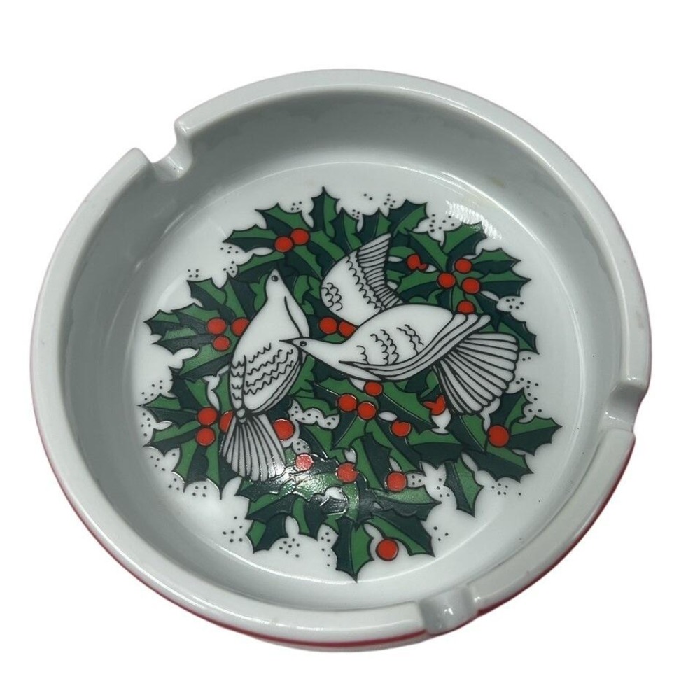Vintage Christmas Porcelain Ashtray Holly Dove White Red MCM